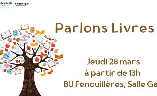 Affiche parlons livres représentant un arbre avec des livres en guise de feuilles.